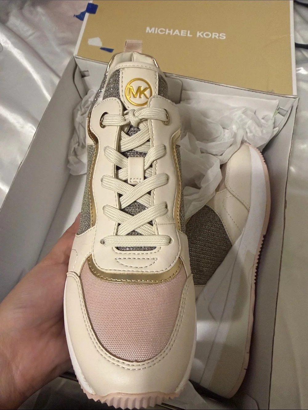 Michael Kors Cream, Pink & Gold Glitter Platform Sneakers - Picture 3 of 6